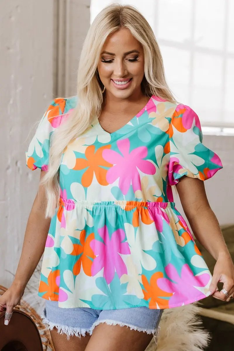 Pink Floral Print Bubble Sleeve V Neck Peplum Blouse for Women - Love Salve